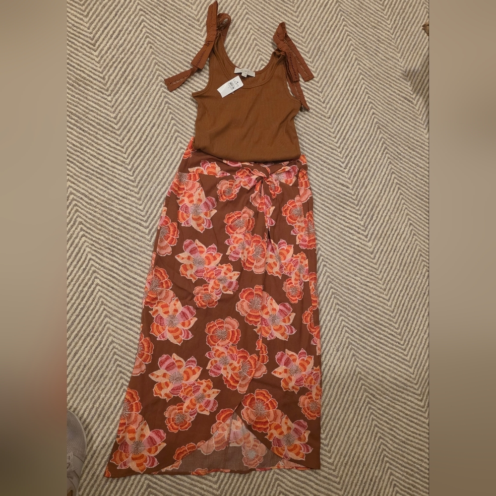 NWT LOFT Brown and Pink Floral Maxi Skirt And Tank, Size 2 And Small